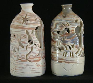 Kokopelli Bottle Luminary - Brown unglazed and Blue and Brown glazed